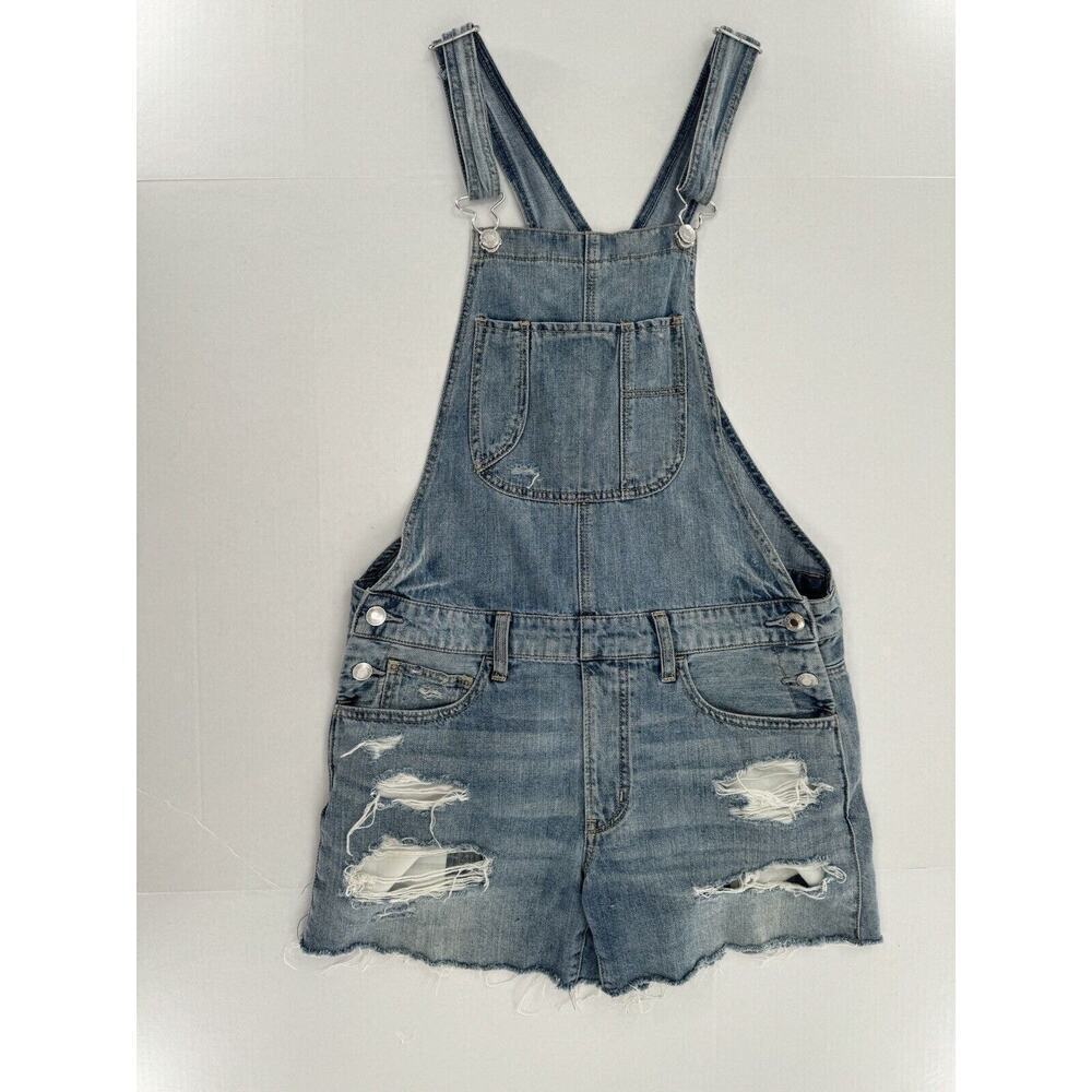 American Eagle Bib Overall Shorts Sz S Distressed Blue Denim Shortalls 4”’inseam